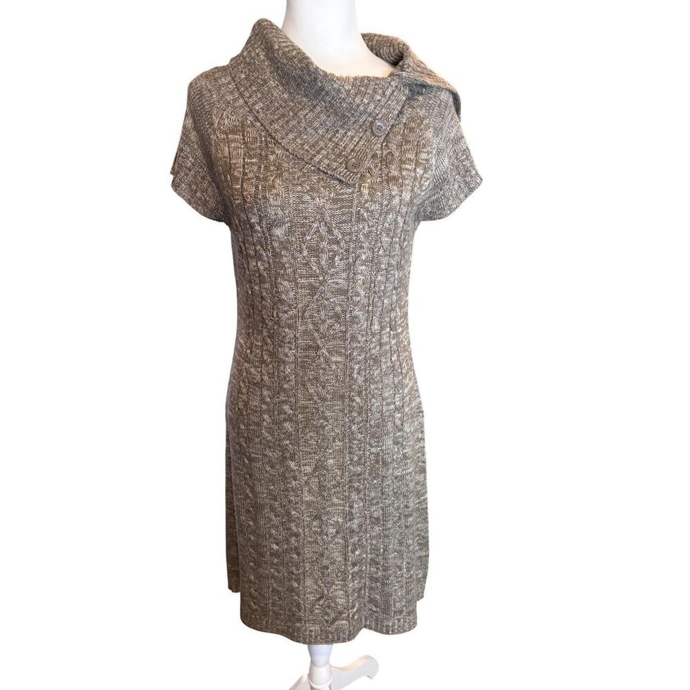 New Directions Brown Cable Knit Cowl Neck Short Sleeve Sweater Dress Medium
